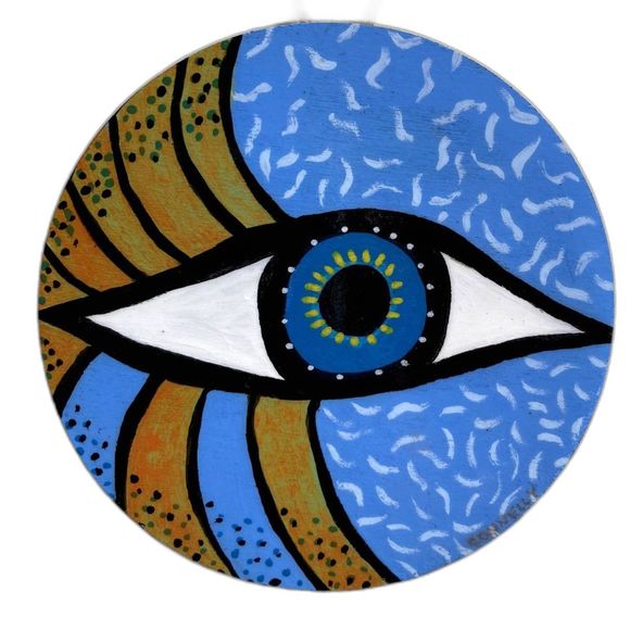 Hand-Crafted Hand-Painted Rustic Wooden Evil Eye Ornament Boho Home Decor Blue - Picture 2 of 4